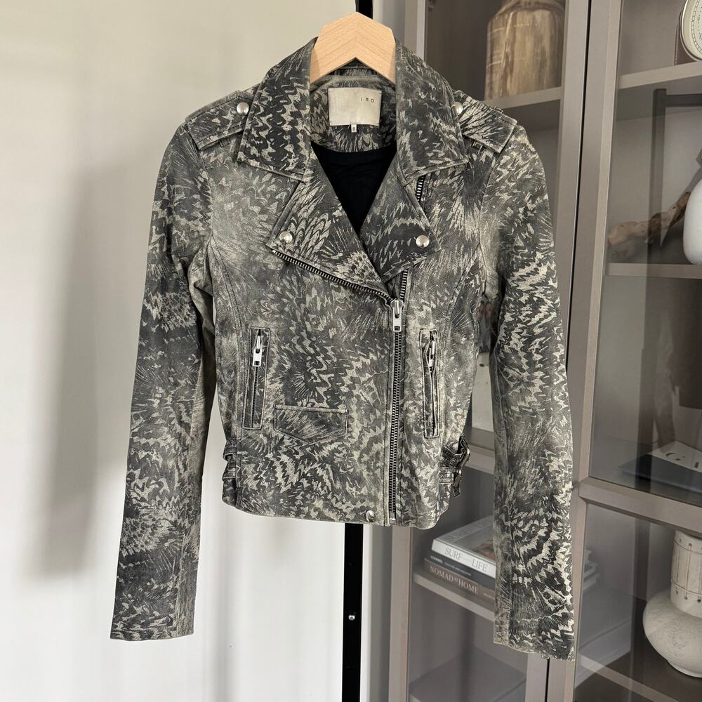 IRO Salinas Leather Moto Jacket Black Grey Abstract Lamb Biker Motorcycle 0